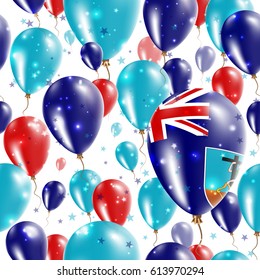 Montserrat Independence Day Seamless Pattern. Flying Rubber Balloons in Colors of the Montserratian Flag. Happy Montserrat Day Patriotic Card with Balloons, Stars and Sparkles.