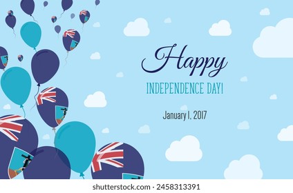 Montserrat Independence Day Sparkling Patriotic Poster. Row of Balloons in Colors of the Montserratian Flag. Greeting Card with National Flags, Blue Skyes and Clouds.