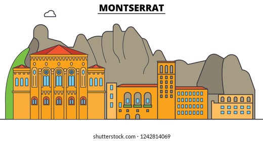 Montserrat line skyline vector illustration. Montserrat linear cityscape with famous landmarks, city sights, vector, design landscape.