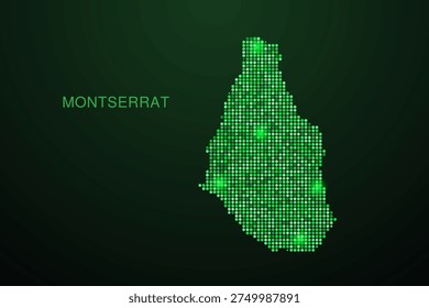 Montserrat Map - Digital dotted map with glowing green points on dark background, modern technology style, abstract data network design, clean minimal geometric vector illustration.