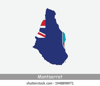 Montserrat Map Flag. Map of Montserrat with the flag isolated on white background. British Overseas Territory, United Kingdom, UK. Vector illustration.