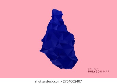 Montserrat Map - Low poly polygon map in deep blue gradient on soft pink pastel background, modern minimal geometric design, clean digital vector illustration.