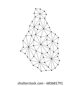 Montserrat map of polygonal mosaic lines network, rays and dots vector illustration.