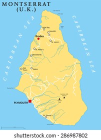 Montserrat Political Map with capital Plymouth, important places and rivers. English labeling and scaling. Illustration.