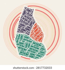 Montserrat Round Poster. Typography style image of Country. Regions word clouds of Montserrat. Vintage image design with scratch texture.