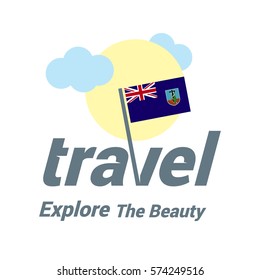 Montserrat Travel Country Flag Logo. Explore the The Beauty lettering with Sun and Clouds and creative waving flag. travel company logo design - vector illustration