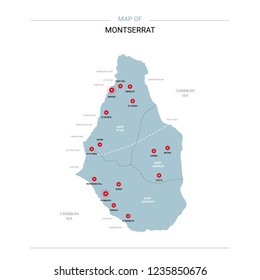 Montserrat vector map. Editable template with regions, cities, red pins and blue surface on white background. 