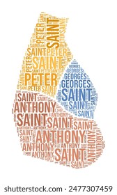 Montserrat Word Cloud. Country shape with region division. Montserrat typography style image. Region names tag clouds. Vector illustration.