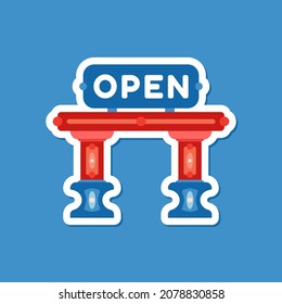 Monument building sticker design with the word "open" on it isolated on color background. School stationery and educational supplies. Suitable for web landing pages, icons, stickers.