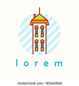 Monument and building thin line colorful vector icon in circle. Cartoon logo, badge and label of building on striped background.