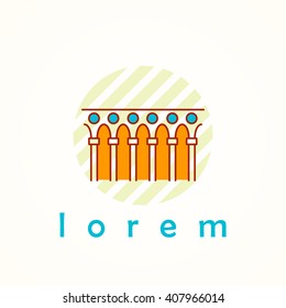 Monument and colonnade thin line colorful vector icon. Cartoon logo, badge and label of terrace in antique, renaissance and byzantine style.