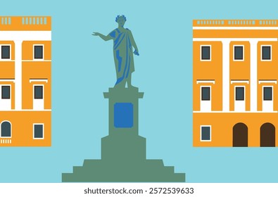 Monument to Duke de Richelieu. Odesa, Ukraine. Vector bright simplified flat illustration with place for text.