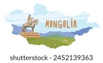 Monument to Genghis Khan in the Mongolian steppe near Ulaanbaatar. Horseman sculpture, vector. Founder of the Mongol Empire, leader of the nomads. Map of Mongolia.