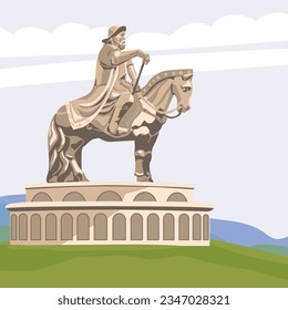 Monument to Genghis Khan in the Mongolian steppe near Ulaanbaatar. Sculpture of a horseman, vector. The founder of the Mongol Empire, the leader of the nomads. Monument on the background of landscape