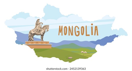 Monument to Genghis Khan in the Mongolian steppe near Ulaanbaatar. Horseman sculpture, vector. Founder of the Mongol Empire, leader of the nomads. Map of Mongolia.