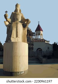 Monument to Georgian Queen Tamara and Saint Peter church in the center of Akhaltsikhe, Georgia. Sunny winter view. Vector image.