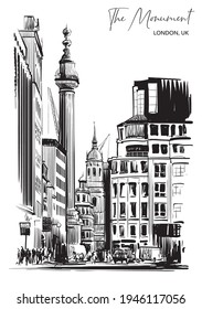 The Monument to the Great London Fire 1666. Black line sketch isolated on white background . A4 vertical format. EPS10 vector illustration