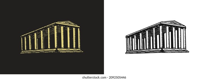 Monument of history and architecture. Ancient historical building with columns. Hand drawn engraved old sketch.