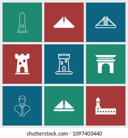 Monument icon. collection of 9 monument filled and outline icons such as castle, chichen itza, arc de triomphe. editable monument icons for web and mobile.