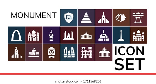 monument icon set. 19 filled monument icons.  Simple modern icons such as: Roma, Gateway arch, Hallgrimskirkja, Berlin, Big ben, Democracy monument, Notre dame, Brandenburg gate