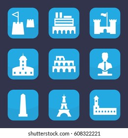 Monument icon. set of 9 filled monument icons such as castle, Coliseum, monument, Eiffel Tower, bust