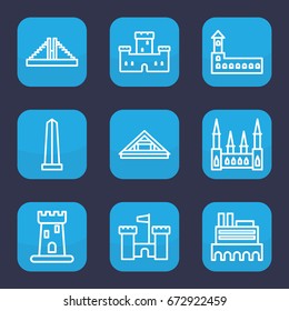 Monument icon. set of 9 outline monument icons such as castle, chichen itza, monument