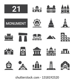 monument icon set. Collection of 21 filled monument icons included Arch, Quezon memorial circle, Obelisk, Pyramid, Tombstone, Stonehenge, Agra, Parthenon, Moai, Badshahi mosque