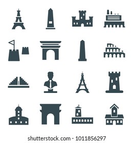 Monument icons. set of 16 editable filled monument icons such as castle, arc de triomphe, monument, eiffel tower, bust, castle tower, chichen itza