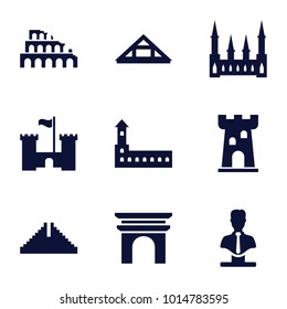 Monument icons. set of 9 editable filled monument icons such as castle, chichen itza, bust, coliseum