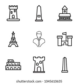 Monument icons. set of 9 editable outline monument icons such as castle, coliseum, monument, eiffel tower