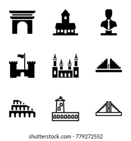 Monument icons. set of 9 editable filled and outline monument icons such as castle, bust, chichen itza, coliseum