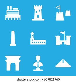 Monument icons set. set of 9 monument filled icons such as castle, Chichen Itza, Arc de Triomphe, monument, bust
