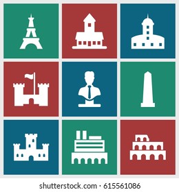 Monument icons set. set of 9 monument filled icons such as castle, Coliseum, monument, Eiffel Tower