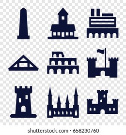 Monument icons set. set of 9 monument filled icons such as castle, coliseum, monument