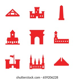 Monument icons set. set of 9 monument filled icons such as castle, chichen itza, arc de triomphe, monument