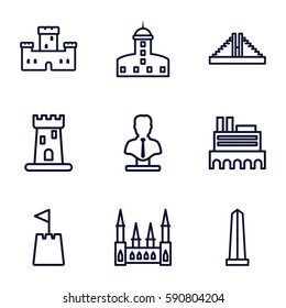 monument icons set. Set of 9 monument outline icons such as castle, Chichen Itza, monument, bust