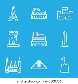 Monument icons set. set of 9 monument outline icons such as castle, chichen itza, coliseum, monument, eiffel tower