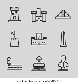 Monument icons set. set of 9 monument outline icons such as castle, chichen itza, monument, bust