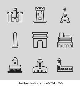 Monument icons set. set of 9 monument outline icons such as castle, arc de triomphe, monument
