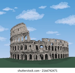 Monument of Italian architecture Colosseum. Color pencil sketch