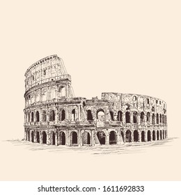 Monument of Italian architecture Colosseum. Pencil sketch on a beige background.