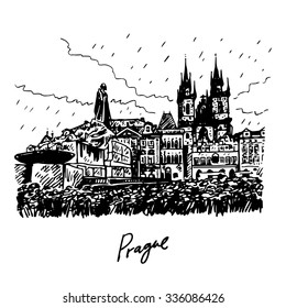 Monument of Jan Hus and Tyn Cathedral of the Virgin Mary. Old town square in Prague, Czech Republic. Vector hand drawn sketch.