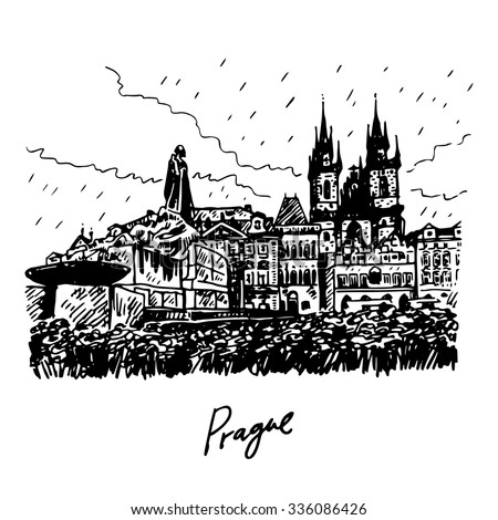 Monument of Jan Hus and Tyn Cathedral of the Virgin Mary. Old town square in Prague, Czech Republic. Vector hand drawn sketch.