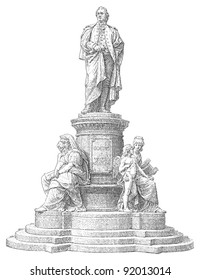 Monument of Johann Wolfgang von Goethe / sculpture by F. Schaper / vintage illustration from Meyers Konversations-Lexikon 1897