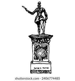 Monument to John of Austria on Piazza Catalani in Messina, Italy. Sculpture of Don Giovanni d'Austria in Sicily. Hand drawn linear doodle rough sketch. Black and white silhouette.