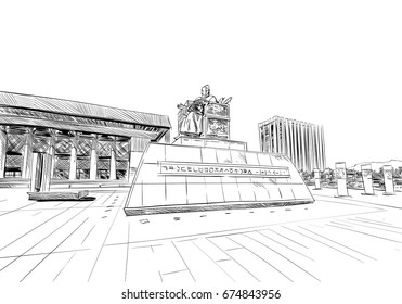 Monument to King Sejon the Great. Seoul. The Republic of Korea. Hand drawn city sketch. Vector illustration.