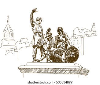 Monument to Minin and Pozharsky on the Red Square in Moscow Russia and in Nizhny Novgorod. Sketch by hand. Engraving