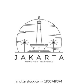 monument national of jakarta line art logo vector illustration design, jakarta landmark symbol