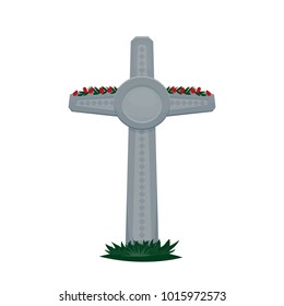 Monument on the grave. Gravestone in the cemetery. Gray monument on the grave of RIP. Vector cartoon illustration.