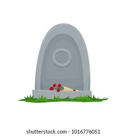 Monument on the grave. Gravestone in the cemetery. Gray monument on the grave of RIP. Vector cartoon illustration.